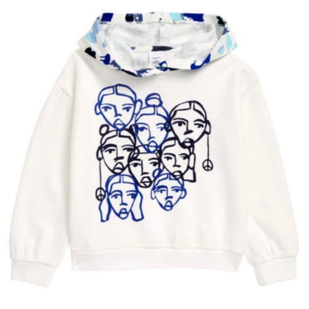 CRISTINA MARTINEZ Kids Print Cotton Hoodie Ivory Blue Grow To Bloom Size…